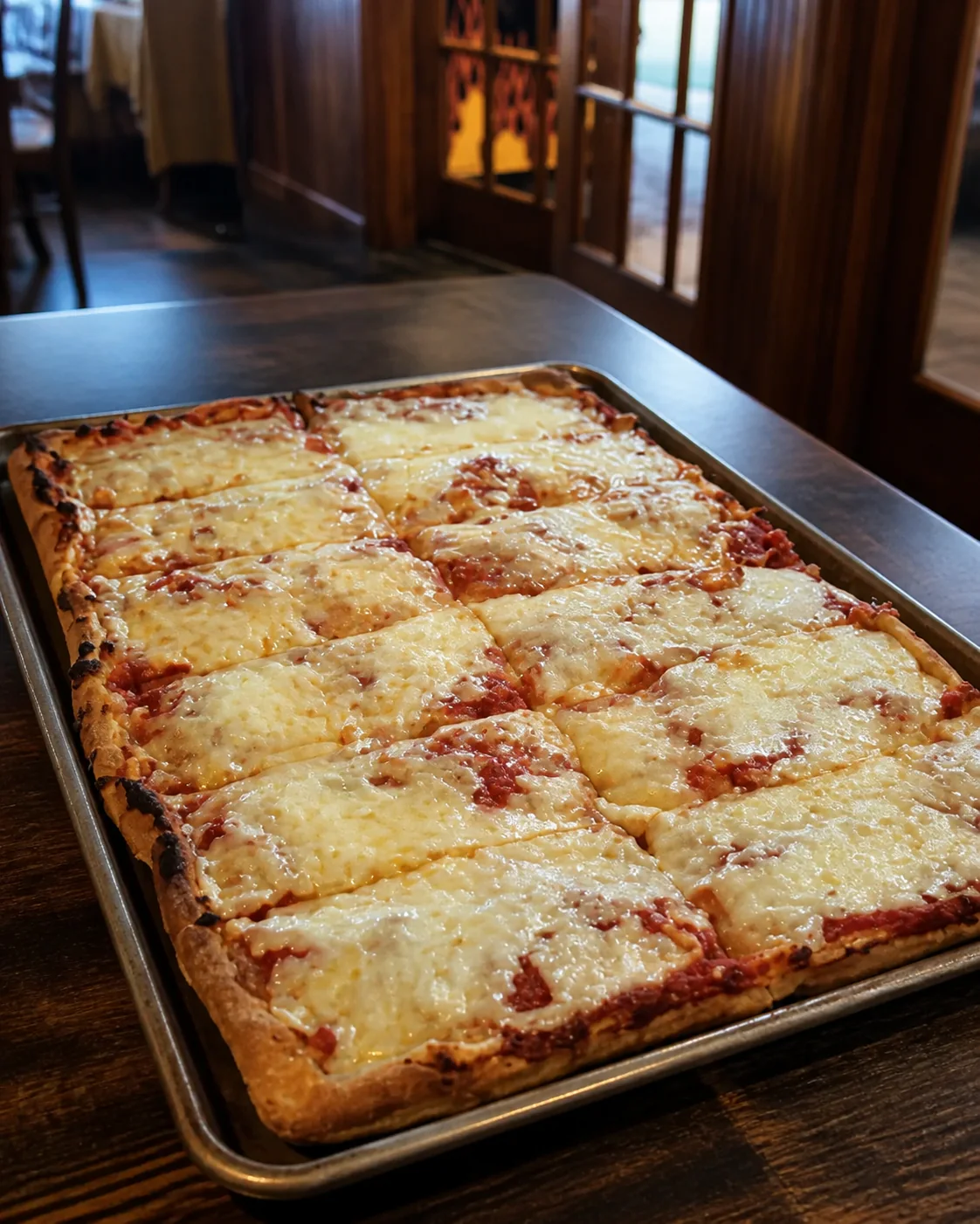 Alfredo’s thick square pan pizza cut into twelve pieces