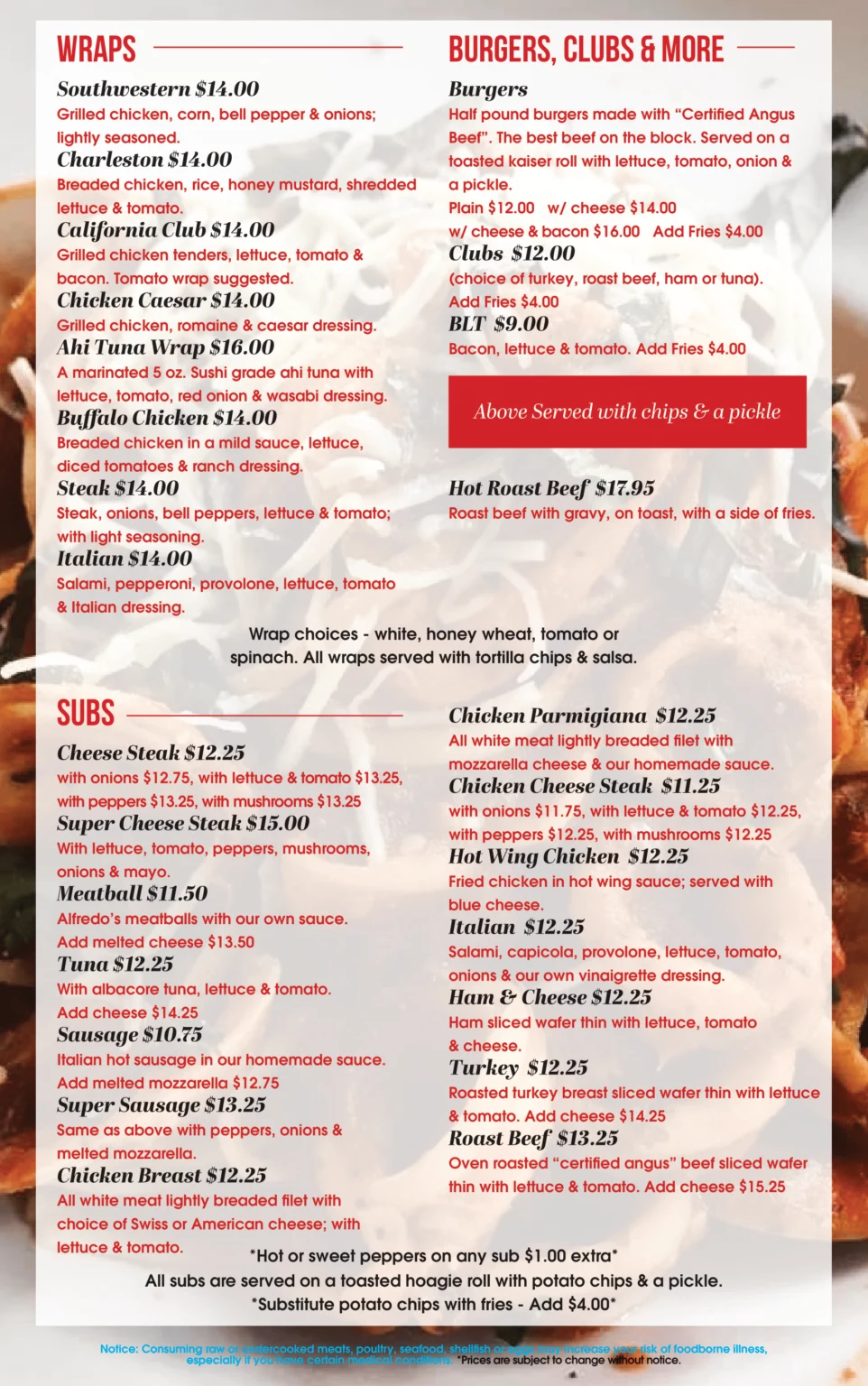 Alfredo’s Cafe physical menu, page 3