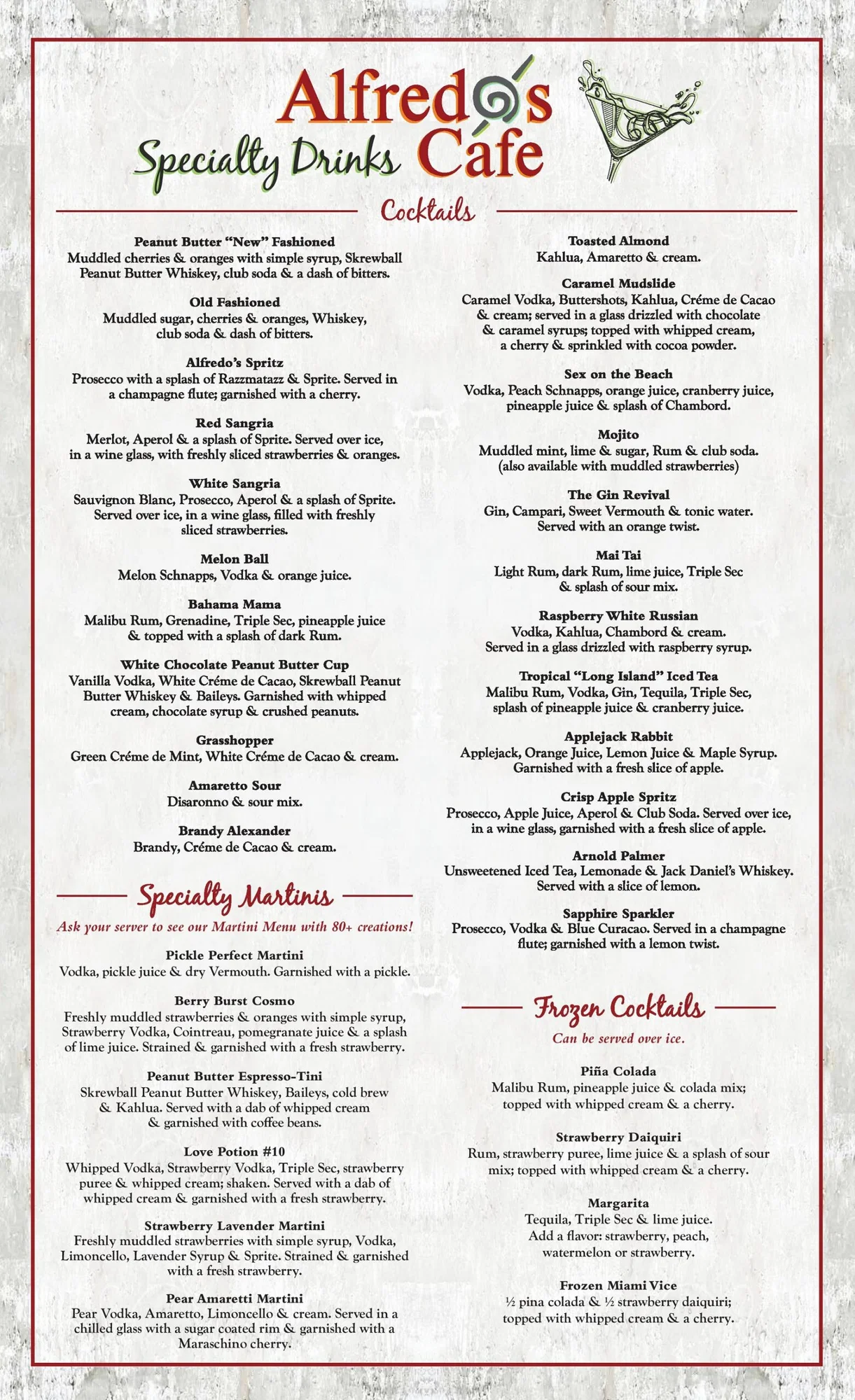 Alfredo’s Cafe drinks menu, page 1