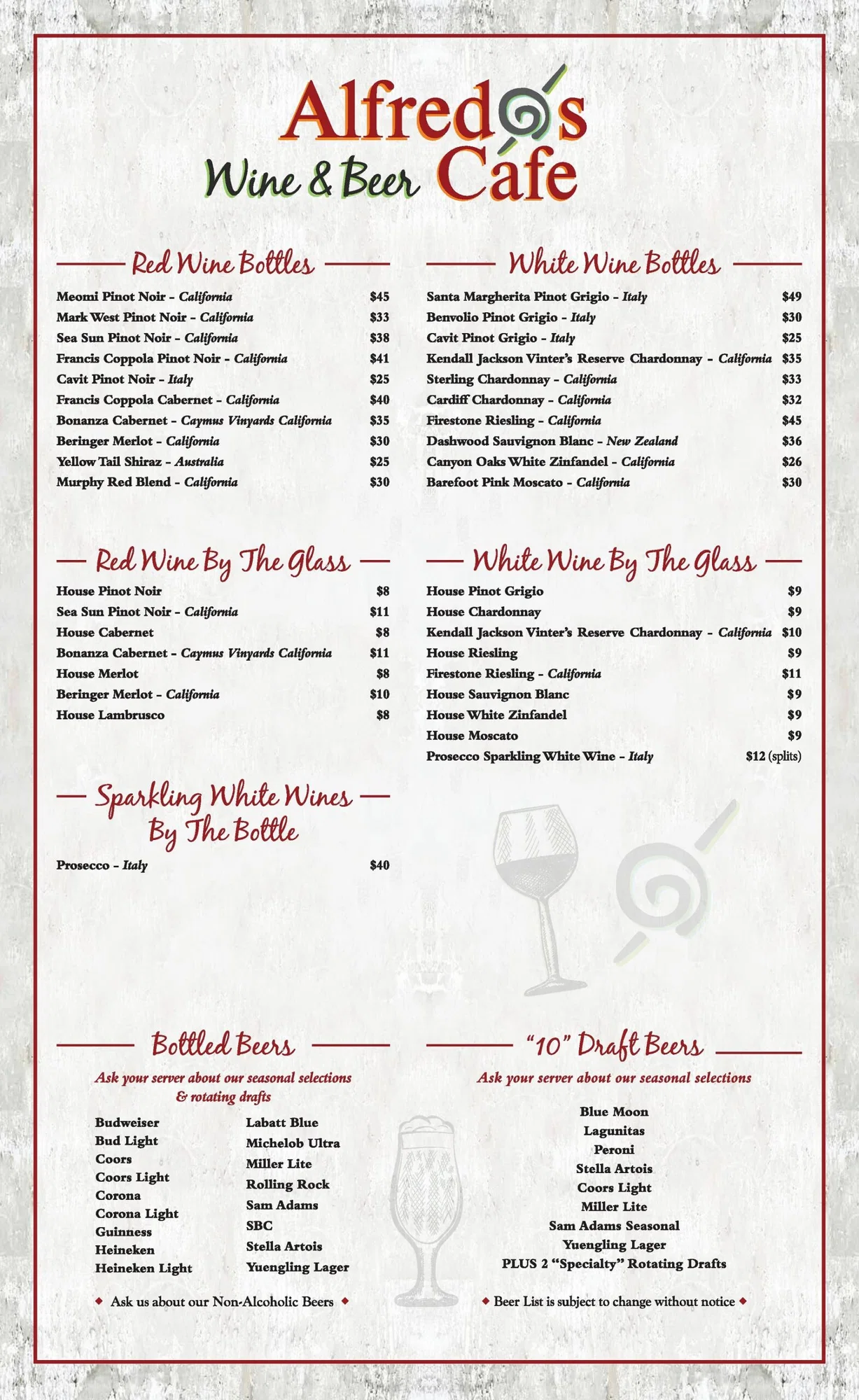 Alfredo’s Cafe drinks menu, page 2