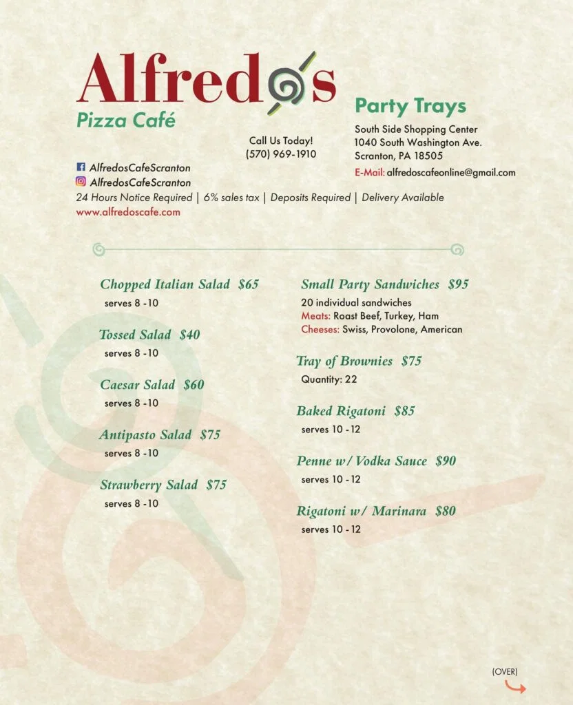 Alfredo’s Cafe catering menu, page 1
