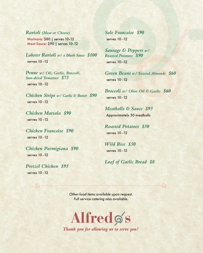 Alfredo’s Cafe catering menu, page 2